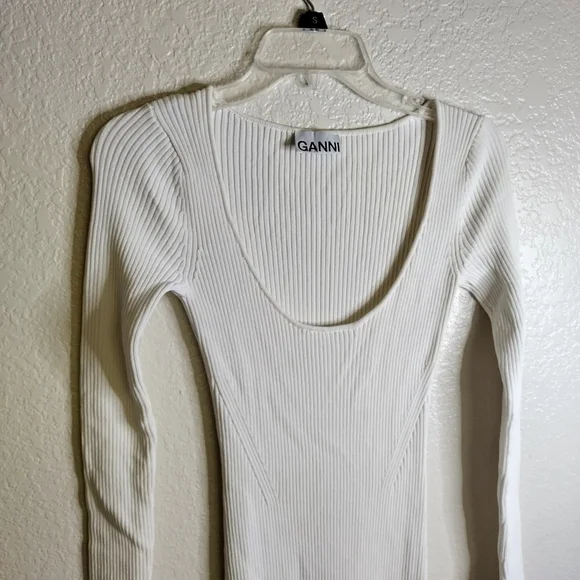 GANNI Melange knit scoop ribbed body cone midi dress in egret sz Xs GANNI Melange knit scoop ribbed body cone midi dress in egret sz Xs
